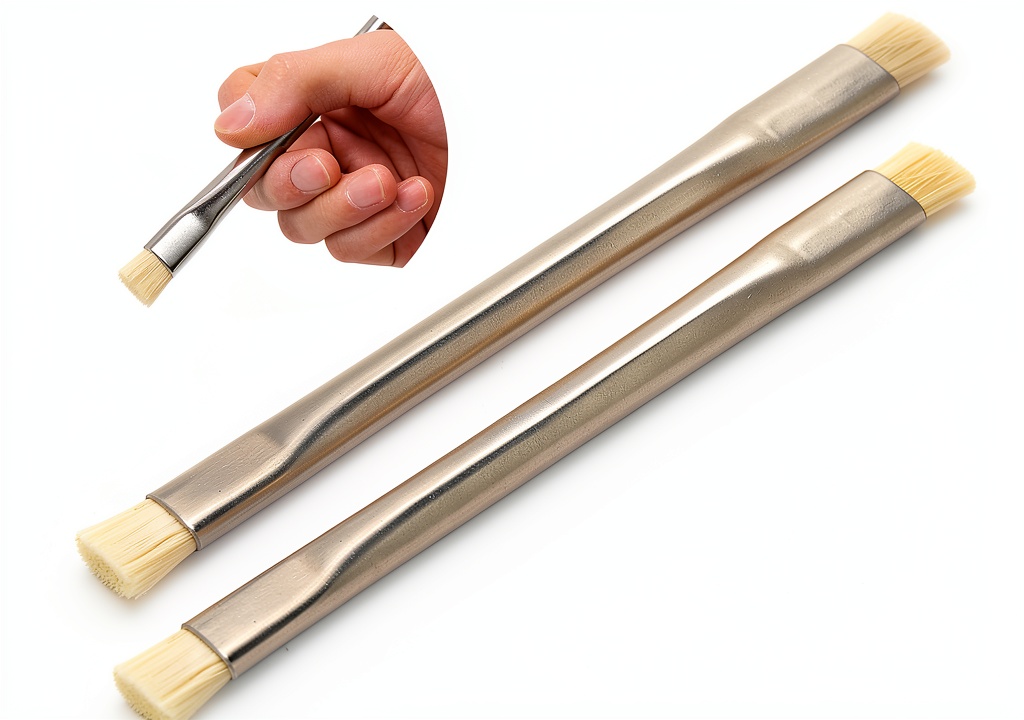 Yosoo anti static ESD brush being used on a laptop keyboard in a bright office