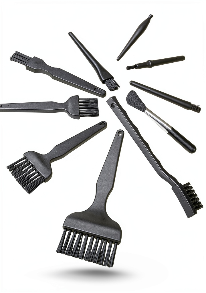ESD Antistatic Cleaning Brushes with dissipative plastic handles and assorted brush heads