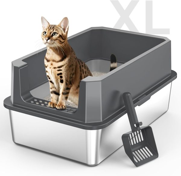 Stainless Steel Litter Box MIXJOY XL Metal with Lid Dark Grey-0