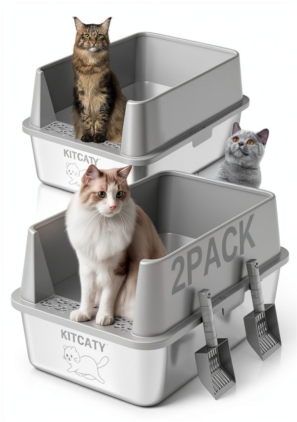 2PACK Stainless Steel Litter Box, Metal Litter Boxs with Lid High Sides, XL Extra Large Litter Box for Big Cats, Never Absorbs Odors, Leak-Proof, Stain-Free, Rust-Free, Easy to Clean, Scoop Included-0